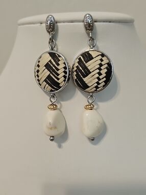 Chico's Black and Cream Woven Drop Earrings with Shell Dangles